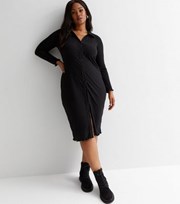 New Look Curves Black Ribbed Knit Button Front Midi Polo Dress